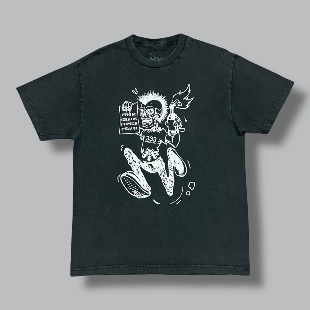 333 Half Evil Shirt From Chaos Comes Peace Punk Rock Skull Tee Faded Black